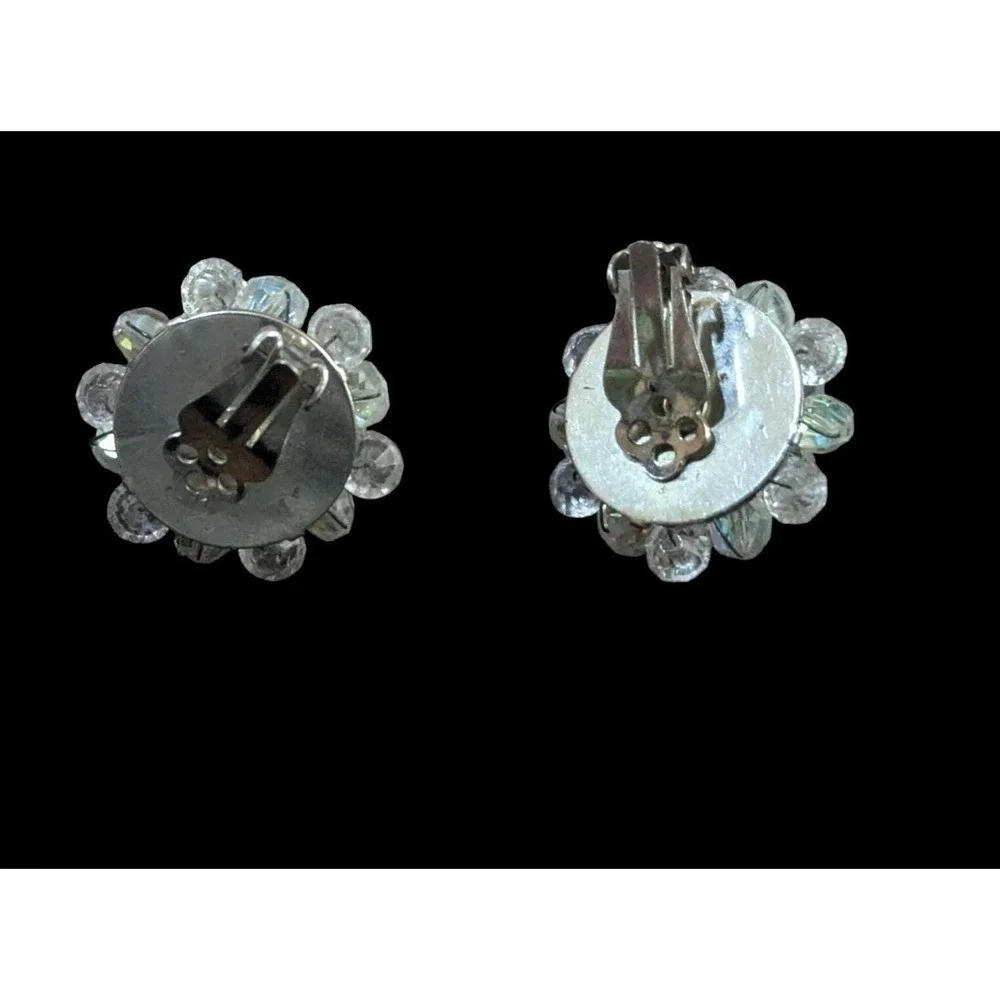 Vintage Aurora Borealis Crystal Cluster Clip On Earrings Silver Tone Floral‎ 60s